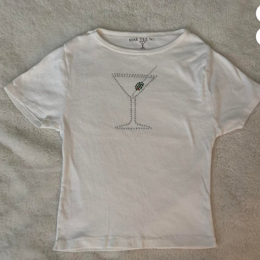 White rhinestone martini baby tee